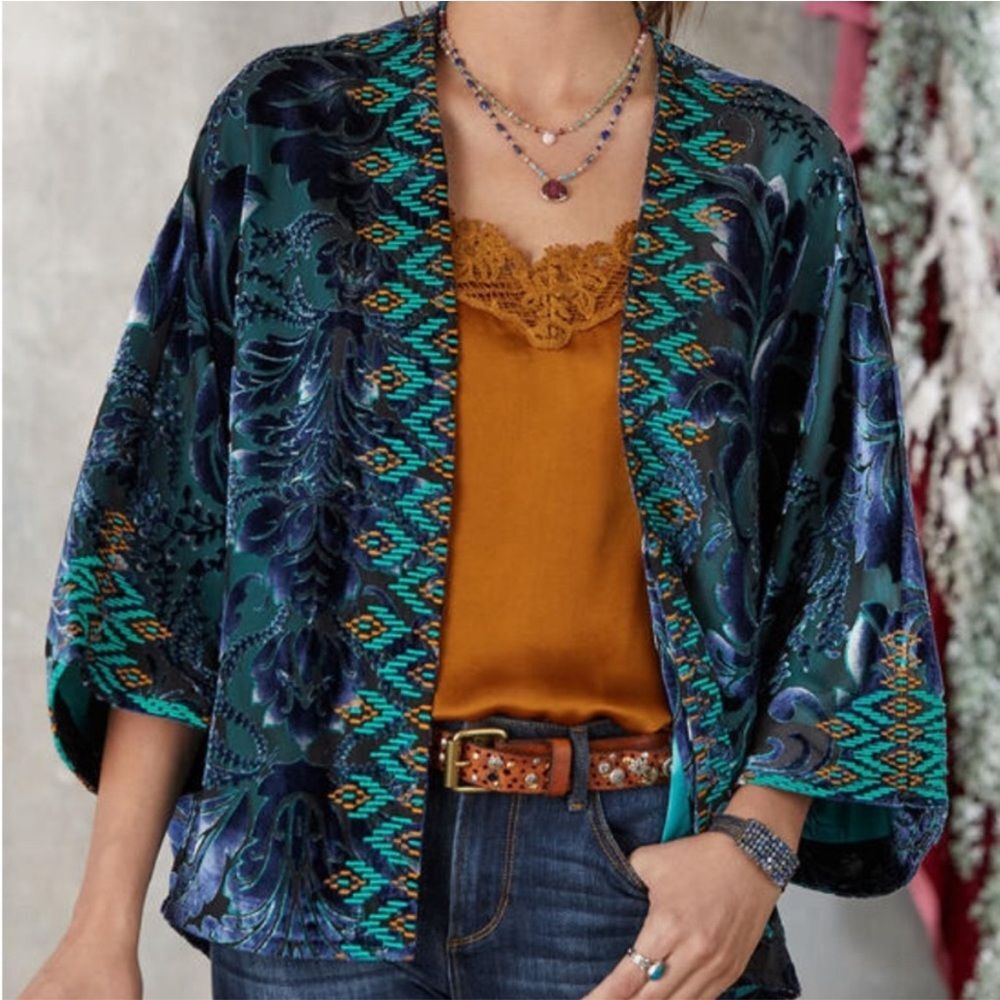 Sundance Teal Blue & Mustard Floral Satin Kimono Cardigan